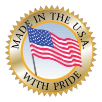 Logo with American flag surrounded by a gold ribbon.