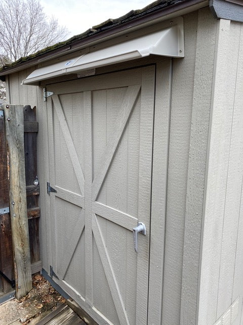 Extended width shed door rain guard preventing double door leak and keeping storage dry