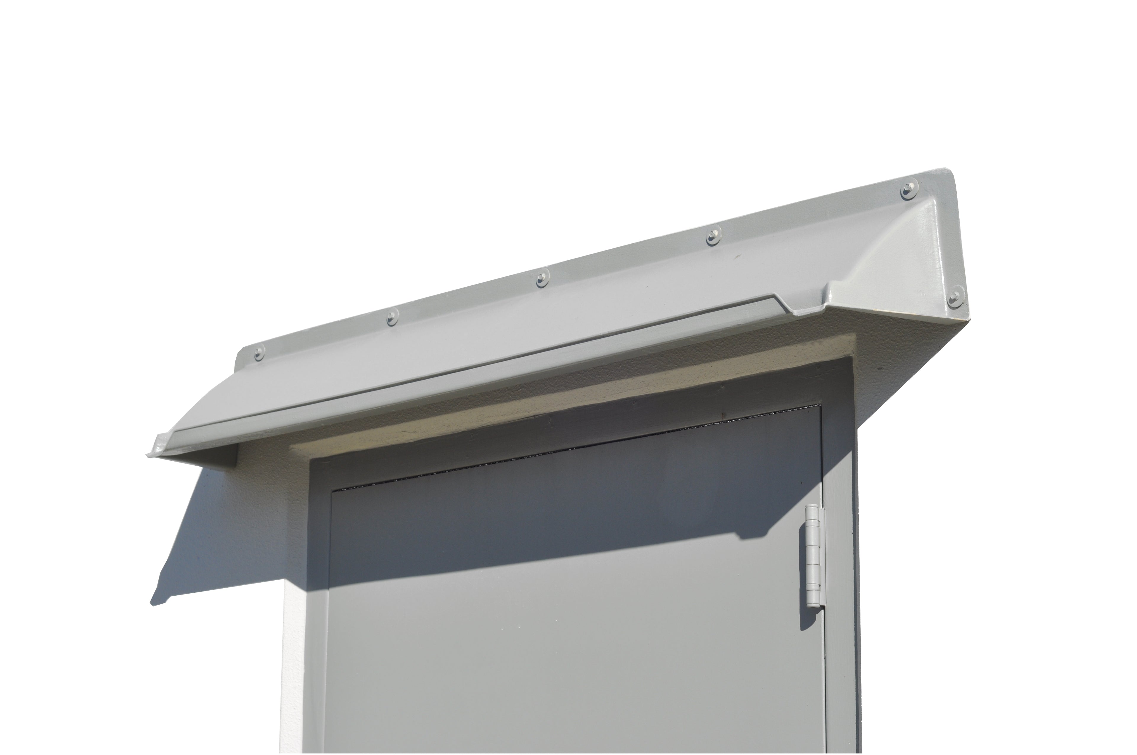 Gray rain diverter mounted above a gray hollow metal door with white background.