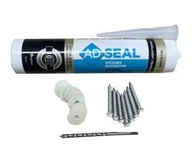 Doorbrim accessory installation kit with silicone, washers, fasteners and drill bit.